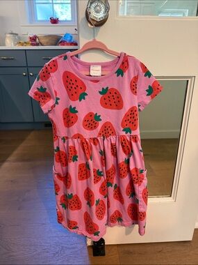 Girls Pink Strawberry Print Short Sleeve Playground Dress